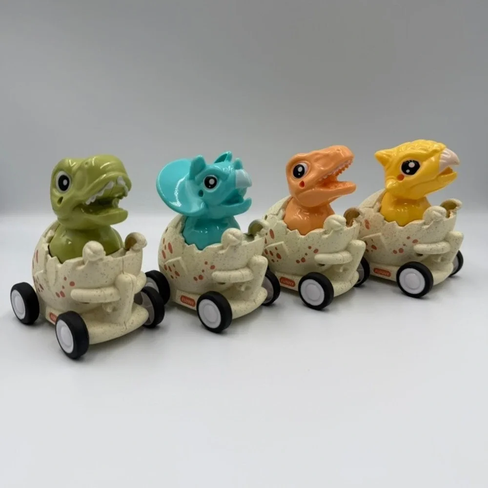 Funny Dinosaur Egg Pull Back Toy Cars Set of 4 Friction Powered Vehicles Multi